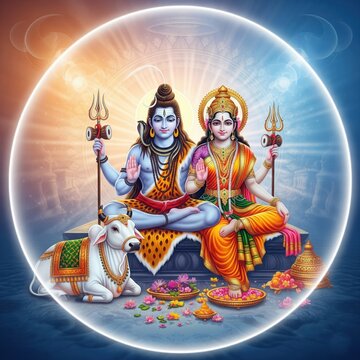 Shiv Parvati with Nandi and Aura &ndash; Square Spiritual Design (1:1)