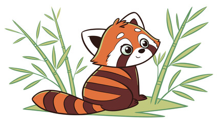Naklejka premium Cartoon red panda sitting amidst green bamboo stalks in a charming illustration style scene