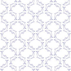 Fototapeta premium Hand-drawn dolphin design featuring aquatic and coastal themes. Seamless pattern ideal for decorative textiles and ocean-inspired backgrounds.