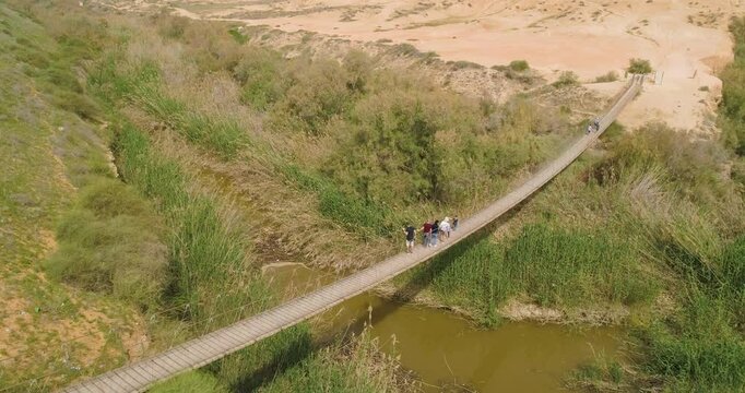 HaBesor,Israel-11 MARCH 2011: Aerial view of suspension bridge over a dry stream.