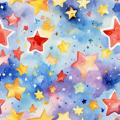 Bunte Aquarellsterne auf dunkelblauem Hintergrund in einem verspielten Muster. Ideal für Kinderzimmer, Poster oder Geschenkpapier.