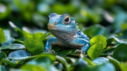 Obraz premium Vibrant blue lizard nestled among lush green foliage.