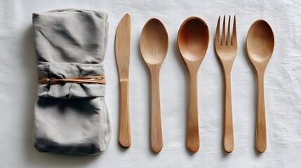 Rustic wooden cutlery set with folded linen napkin for an eco-friendly and sustainable dining experience.