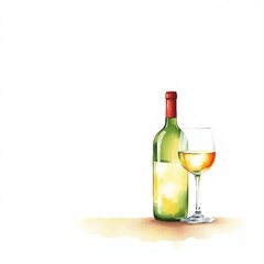Fototapeta premium Aquarellillustration einer Weißweinflasche mit Glas, 