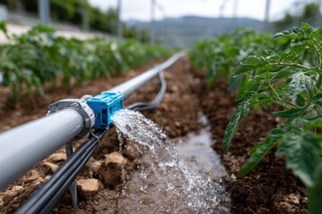 A detailed view of a modern drip irrigation system shows water flowing to plants, highlighting sustainable farming practices and efficient agricultural technology.
