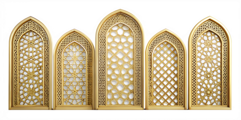 Golden Islamic Arches with Intricate Patterns on Transparent Background set