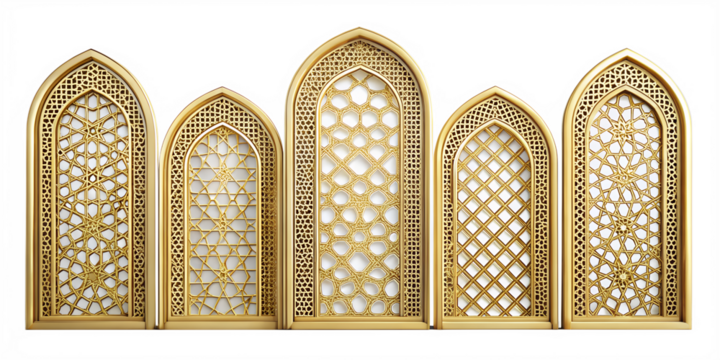 Golden Islamic Arches with Intricate Patterns on Transparent Background set