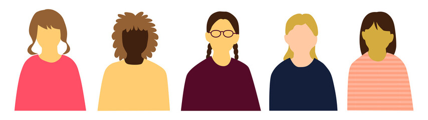 いろんな国の若い女性たち正面上半身アイコンセット5人_表情無