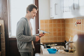 Young man enjoying morning cooking in home kitchen, focusing on meal preparation and ingredient handling, conveying a relaxed and cozy atmosphere.