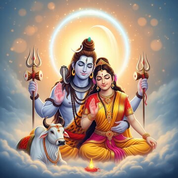 Shiv Parvati with Nandi and Aura &ndash; Square Spiritual Design (1:1)