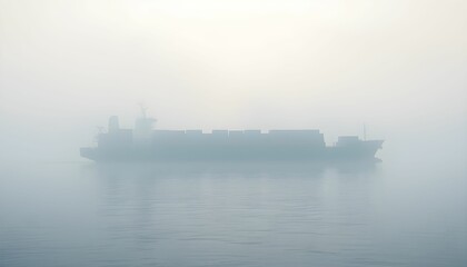 Fototapeta premium A cargo ship is navigating through dense fog, its silhouette barely visible in the misty conditions.