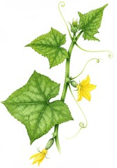 Cucumber Vine Blossom and Fruiting Stage - A vibrant illustration showcasing a cucumber plant's growth stages, highlighting delicate yellow blossoms, developing fruit, and lush green foliage.