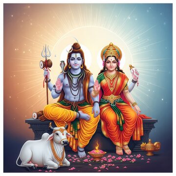 Shiv Parvati with Nandi and Aura &ndash; Square Spiritual Design (1:1)