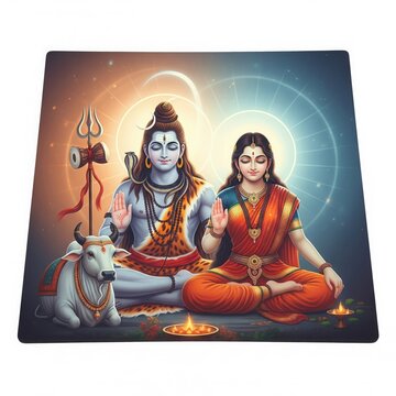 Shiv Parvati with Nandi and Aura &ndash; Square Spiritual Design (1:1)