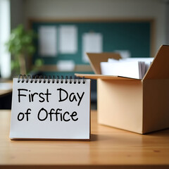 A cardboard box labeled First Day of Office sits on a wooden desk.