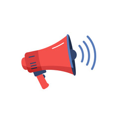A bright red megaphone emits sound waves, symbolizing communication, announcement, and public speaking with a clean white background.