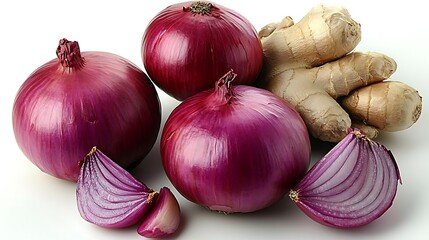 Red onions and ginger roots arranged on a white surface.