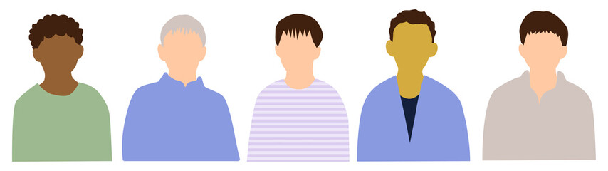 いろんな国の若い男性たち正面上半身アイコンセット5人_表情無