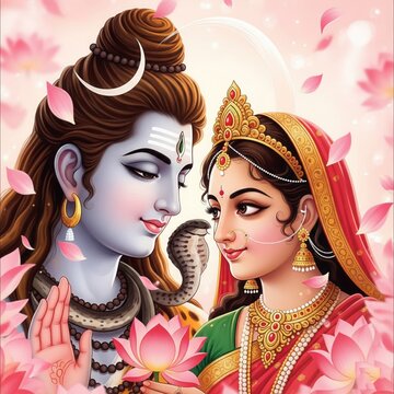 Shiv Parvati Indian Art &ndash; Love Pose with Lotus Petals (1:1)
