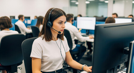 Young Woman Working At Modern Call Center Desk