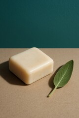 An image featuring a bar of soap next to a leaf, evoking simplicity and natural beauty