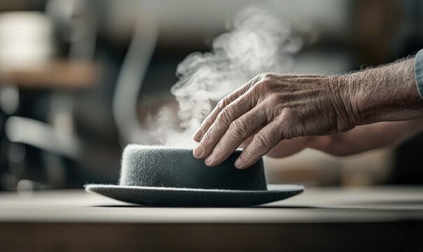 An artisan's hands gently touch a fedora hat, steam rising. This image evokes a sense of craftsmanship and detail. - Powered by Adobe