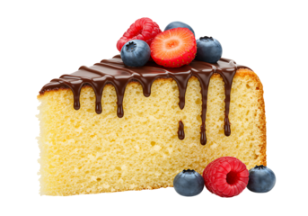 Cake slice chocolatedrizzled sponge cake with berries against black background