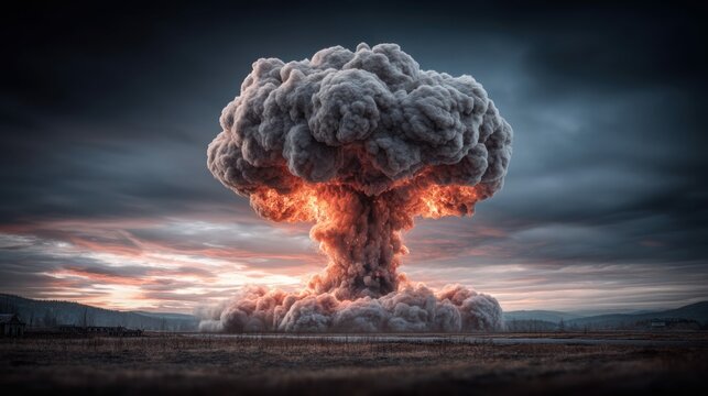 A dramatic depiction of a nuclear explosion, with a towering mushroom cloud over a desolate landscape. - Powered by Adobe