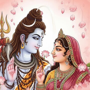Shiv Parvati Indian Art &ndash; Love Pose with Lotus Petals (1:1)