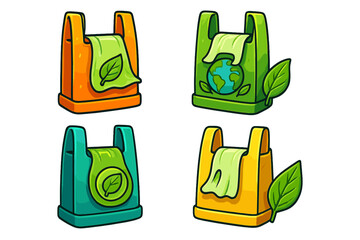 Creative illustrations of eco-friendly bags with green themes featuring nature elements, reusable designs, and global awareness