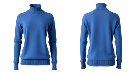 Blank long sleeve turtleneck sweater front and back mockup, Blue women's turtleneck sweater isolated on transparent background