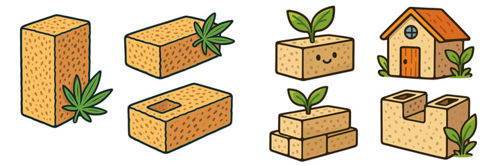Colorful illustrations of hemp bricks and plant growth in a small garden setting