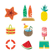 Minimalist and playful summer icon set in modern flat design, featuring beach ball, drink, pineapple, and lifebuoy. Great for web and mobile apps.