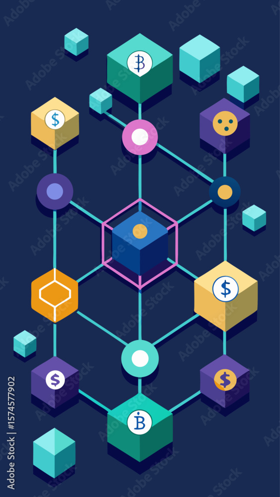 Poster a colorful graphic of a box with a bunch of different shapes and numbers surrounding it. the box is 