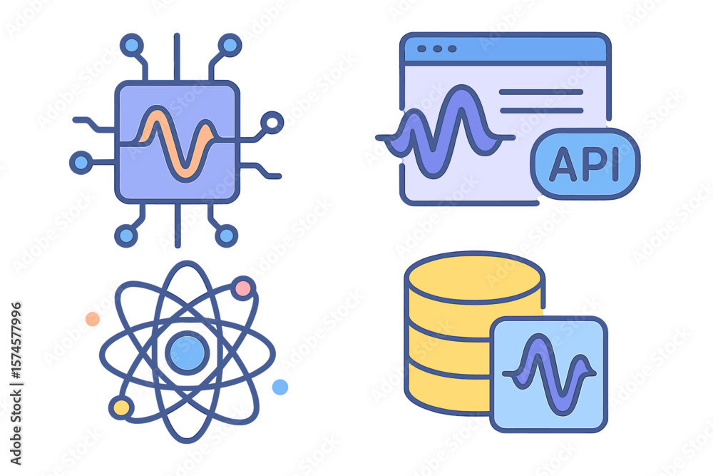 Poster digital technology icons representing data processing, api integration, and scientific concepts in a