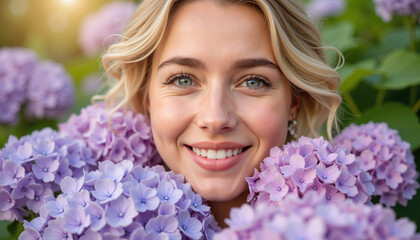 Fototapeta premium Young woman smiling surrounded by blooming purple hydrangeas 