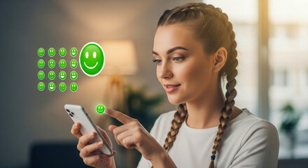 Young Woman Interacting With Positive Emoji Icons