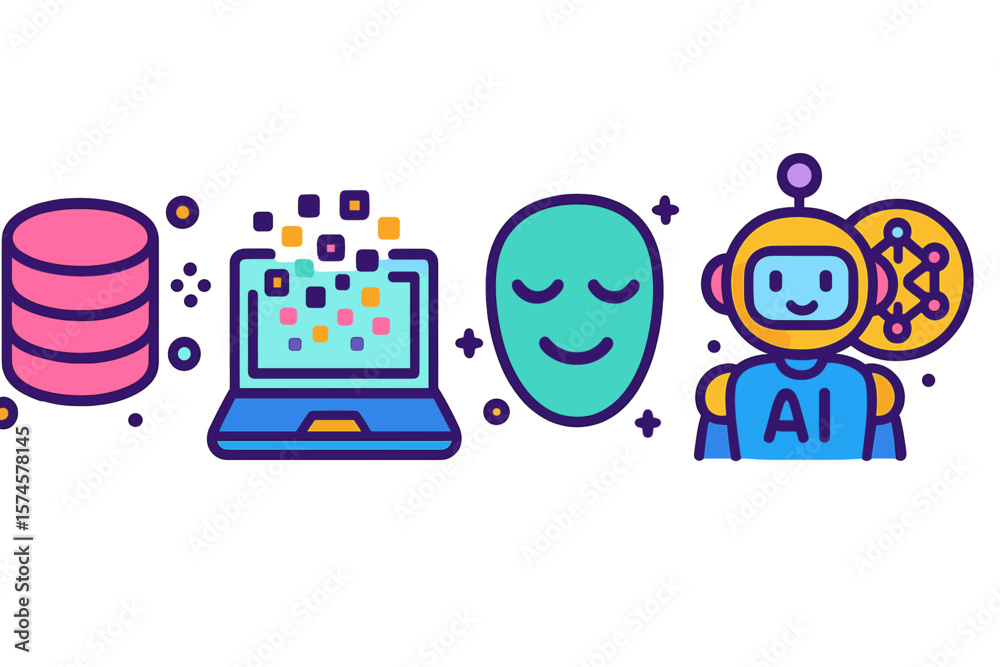 Poster exploring the intersection of technology and artificial intelligence through engaging icons and grap