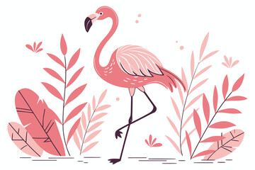 Naklejka premium Illustration of a pink flamingo standing on one leg surrounded by pink leaves and small pink flowers