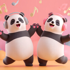 Two joyful cartoon pandas dancing with colorful headphones and musical notes on a vibrant pink background