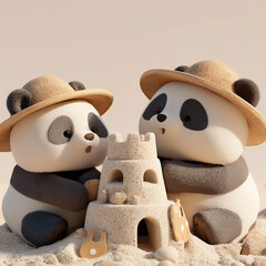 Two cute cartoon pandas in straw hats building a detailed sandcastle together on a sunny beach