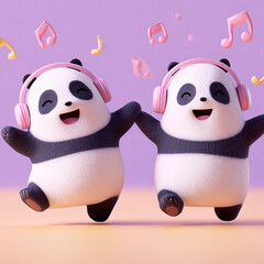 Two happy cartoon pandas dancing with pink headphones and music notes floating around on a pastel background