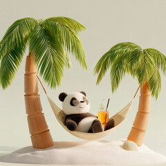 Cute cartoon panda wearing sunglasses relaxing in a hammock between palm trees on a sunny beach with a refreshing drink