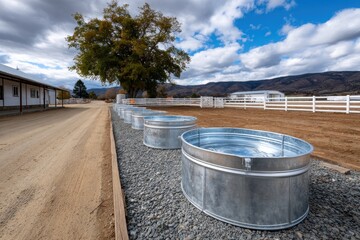 A line of metallic water buckets is arranged along a rural pathway, set against a backdrop of a farmhouse, evoking themes of agriculture and outdoor life.