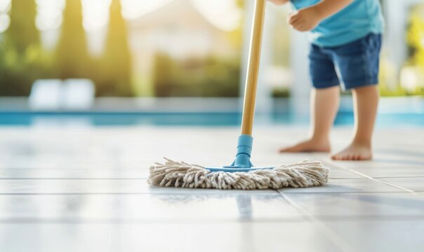 A young child mops a tiled patio near a pool, demonstrating responsibility and helping with chores in the bright sunlight.