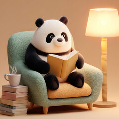 Cute cartoon panda sitting in an armchair reading a book beside a warm lamp and a stack of books with a cup of tea