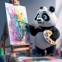 Cute cartoon panda painting a vibrant abstract artwork on canvas using a brush and colorful palette in a studio