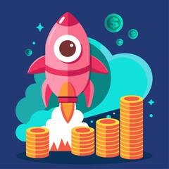 A cartoon rocket is on top of a pile of money. The rocket is red and has a green stripe. The money is in stacks and is yellow. Concept of wealth and success