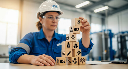 Woman Safety Engineer Stacking Wooden Blocks Indoors