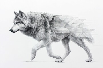 A detailed pencil drawing of a wolf walking forward with geometric details on its back, set against a white background.